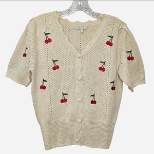 Simply Southern Cream & embroidered Red cherry cardigan sweater Size Large NEW